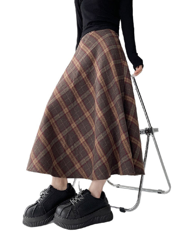 チェック柄 ロングスカート レディース 秋冬 フレアスカート ウエストゴム Aライン マキシ丈 体型カバー 大人カジュアル ナチュラル 通勤 通学 デイリー コーデ ID1715