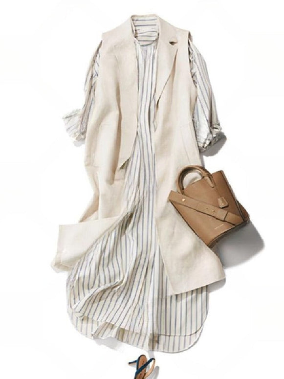 【2点セット】ビジネス風 ストライプ ワンピース セットアップ ロングベスト+ワンピース 大人 レディース オフィスカジュアル きれいめ 上品 知性 通勤 中丈 タイト スリム ストライプ シャツドレス アンサンブル 春 春物 秋 秋物 レディース ID1286