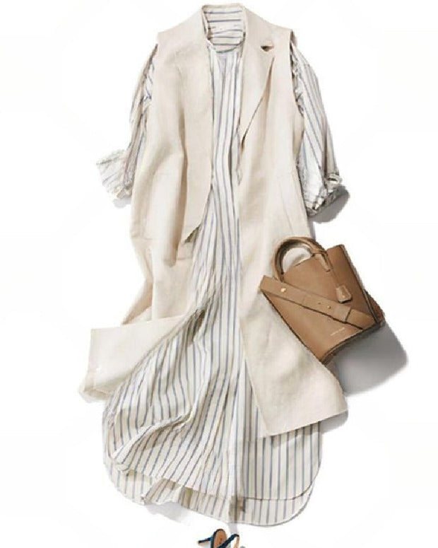 【2点セット】ビジネス風 ストライプ ワンピース セットアップ ロングベスト+ワンピース 大人 レディース オフィスカジュアル きれいめ 上品 知性 通勤 中丈 タイト スリム ストライプ シャツドレス アンサンブル 春 春物 秋 秋物 レディース ID1286