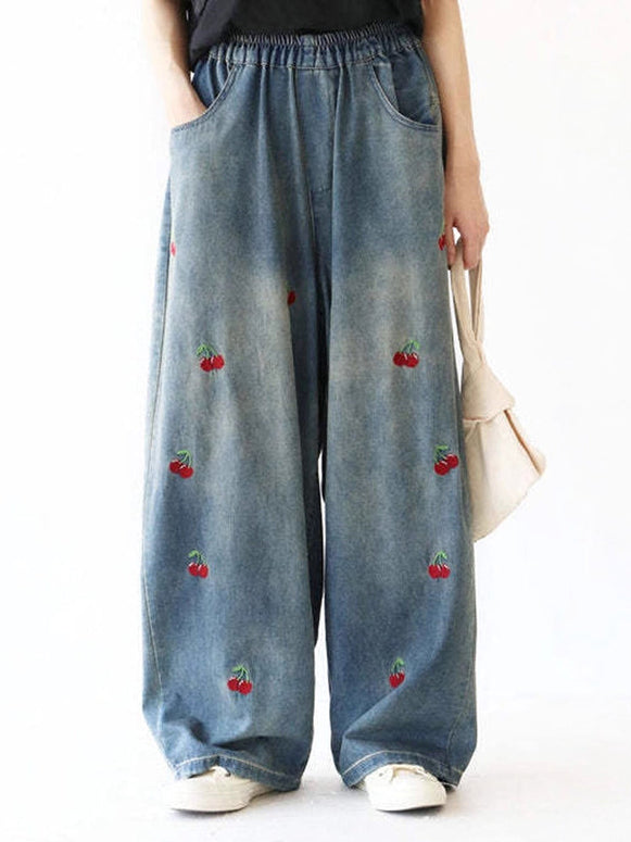 デニム パンツ レディース ワイドパンツ ゆったり さくらんぼ 刺繍 ウエストゴム カジュアル 体型カバー 通年 春 夏 秋 冬 おしゃれ 大人可愛い 新作 人気 ID1866