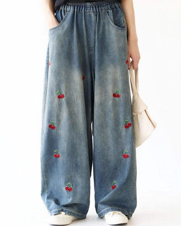 デニム パンツ レディース ワイドパンツ ゆったり さくらんぼ 刺繍 ウエストゴム カジュアル 体型カバー 通年 春 夏 秋 冬 おしゃれ 大人可愛い 新作 人気 ID1866