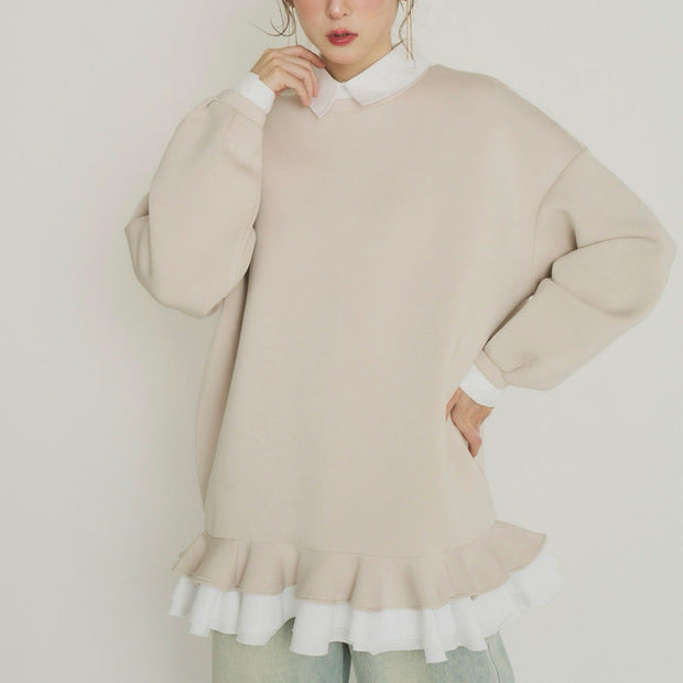 異素材切り替え フェイクレイヤード スウェット レディース 長袖 シャツ風デザイン フリル裾 ゆったり 体型カバー カジュアル 可愛い トレンド 秋冬 新作 ID2015
