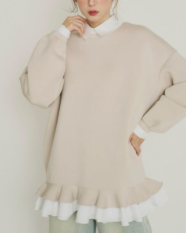 異素材切り替え フェイクレイヤード スウェット レディース 長袖 シャツ風デザイン フリル裾 ゆったり 体型カバー カジュアル 可愛い トレンド 秋冬 新作 ID2015