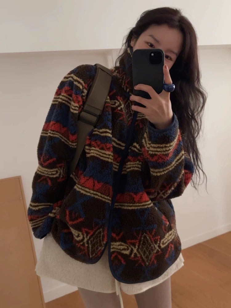 ネイティブ柄 ボア ジャケット レディース 暖かい ゆったり カジュアル アウター 秋冬 防寒 おしゃれ 体型カバー ID2278