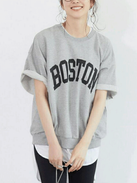 【199】[ランキング急上昇中！] 5分袖 ロゴプリント スウェット トップス オーバーサイズ 半袖 Tシャツ レディース ラウンドネック 体型をカバー シンプル