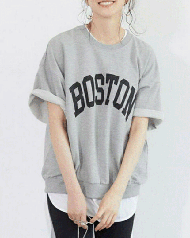 【199】[ランキング急上昇中！] 5分袖 ロゴプリント スウェット トップス オーバーサイズ 半袖 Tシャツ レディース ラウンドネック 体型をカバー シンプル