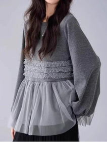 トップス スウェット プルオーバー 切り替えデザイン 長袖 異素材 ゆったり 大人の洒落感生まれる メッシュ 秋冬 秋 春 カジュアル  ID1853