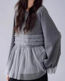 トップス スウェット プルオーバー 切り替えデザイン 長袖 異素材 ゆったり 大人の洒落感生まれる メッシュ 秋冬 秋 春 カジュアル  ID1853