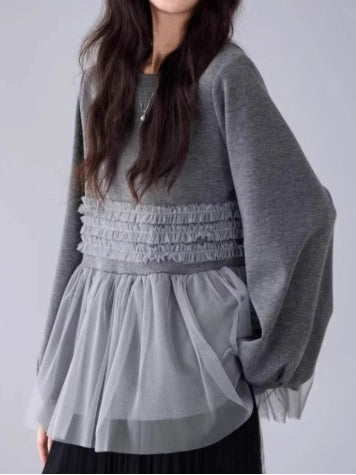 トップス スウェット プルオーバー 切り替えデザイン 長袖 異素材 ゆったり 大人の洒落感生まれる メッシュ 秋冬 秋 春 カジュアル  ID1853