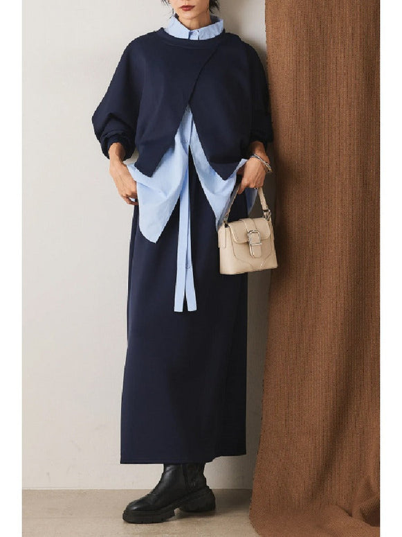 【3点セット】デザイン感 リボンシャツ レイヤード スウェット スカート 3色展開 セットアップ 春 秋 ID1792