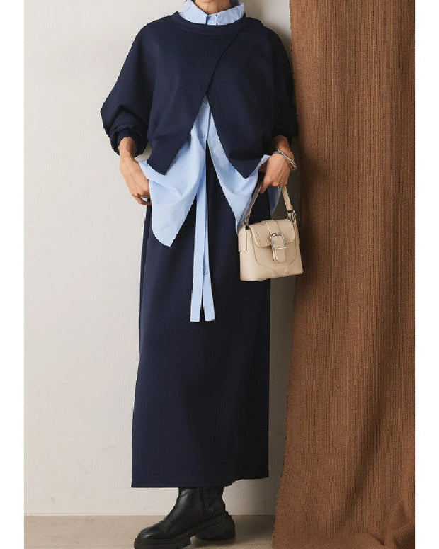 【3点セット】デザイン感 リボンシャツ レイヤード スウェット スカート 3色展開 セットアップ 春 秋 ID1792