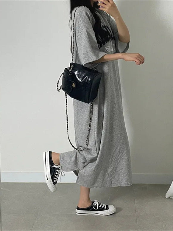 ID796 3色展開 ロゴTシャツワンピース レディース ロング丈 半袖 ゆったり 綿 オーバーサイズ ルームウェア カジュアル 楽ちんワンピ