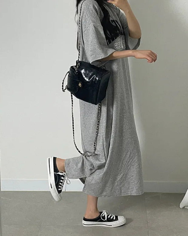 ID796 3色展開 ロゴTシャツワンピース レディース ロング丈 半袖 ゆったり 綿 オーバーサイズ ルームウェア カジュアル 楽ちんワンピ