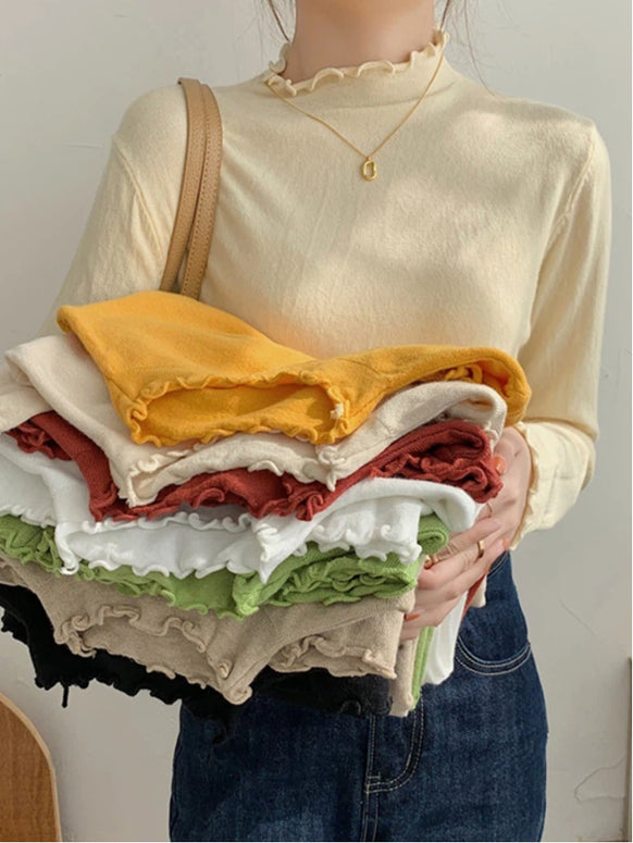 リブ カットソー レディース 長袖 メロウフリル ハイネック インナー 重ね着 無地 伸縮性 秋冬 きれいめ ID2193