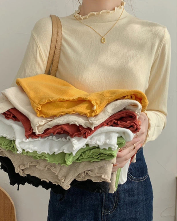 リブ カットソー レディース 長袖 メロウフリル ハイネック インナー 重ね着 無地 伸縮性 秋冬 きれいめ ID2193