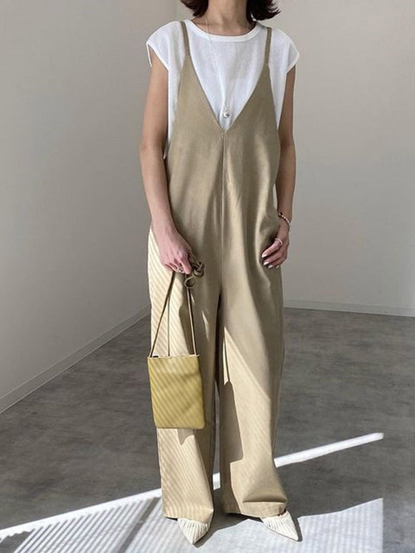 無地 サロペット レディース ゆったり ワイドパンツ オールインワン 大人カジュアル 楽ちん 着回し 春夏秋 体型カバー ナチュラル系 ID1100