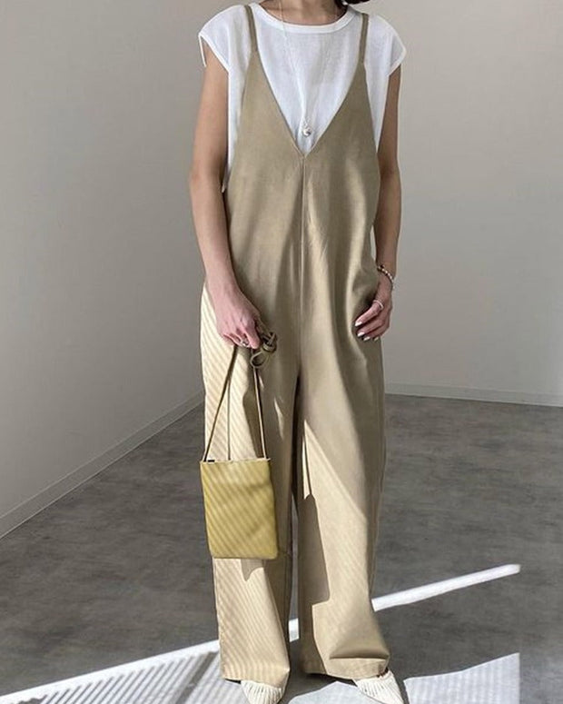 無地 サロペット レディース ゆったり ワイドパンツ オールインワン 大人カジュアル 楽ちん 着回し 春夏秋 体型カバー ナチュラル系 ID1100