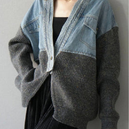 異素材切り替え デニム × ニット カーディガン レディース Vネック ゆったり おしゃれ 大人カジュアル 秋冬 新作 ID2037