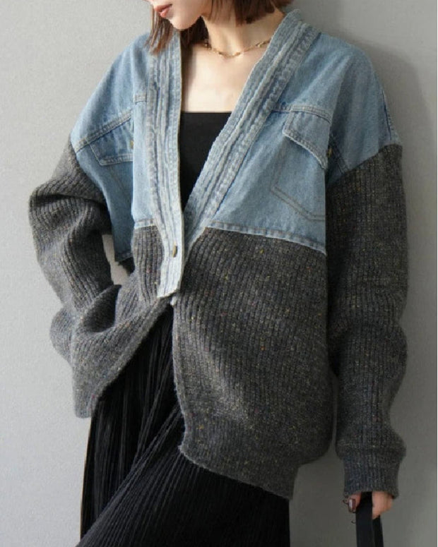 異素材切り替え デニム × ニット カーディガン レディース Vネック ゆったり おしゃれ 大人カジュアル 秋冬 新作 ID2037