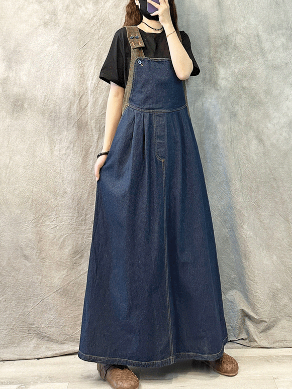 【172】ゆったり デニムサロペットスカート 韓国風 ヴィンテージ ロングワンピース 体型カバー 春夏 大きめのサイズ感 上品見え