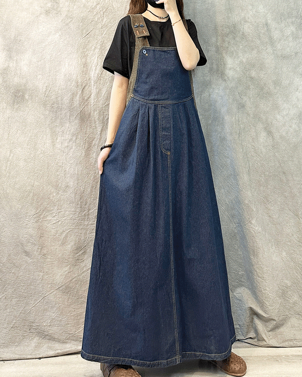 【172】ゆったり デニムサロペットスカート 韓国風 ヴィンテージ ロングワンピース 体型カバー 春夏 大きめのサイズ感 上品見え