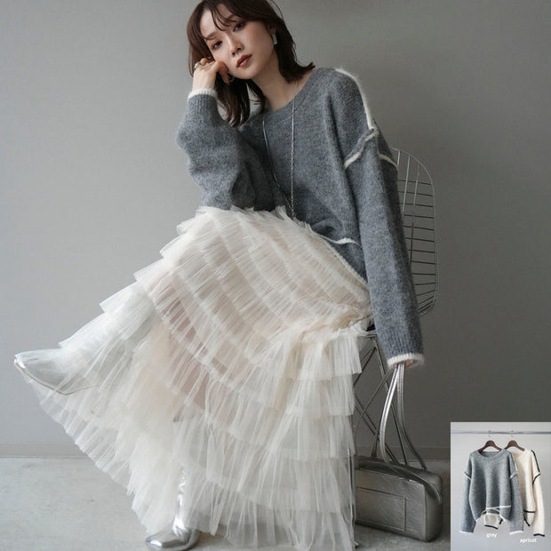 「限定価格は今だけ！」2点セット ふんわり ニット セーター + Aライン チュールスカート レディース 可愛い 上品 体型カバー デートコーデ 秋冬 新作 ID2255