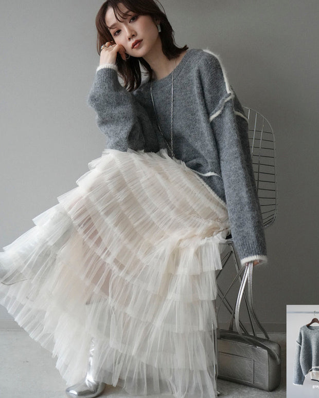 「限定価格は今だけ！」2点セット ふんわり ニット セーター + Aライン チュールスカート レディース 可愛い 上品 体型カバー デートコーデ 秋冬 新作 ID2255