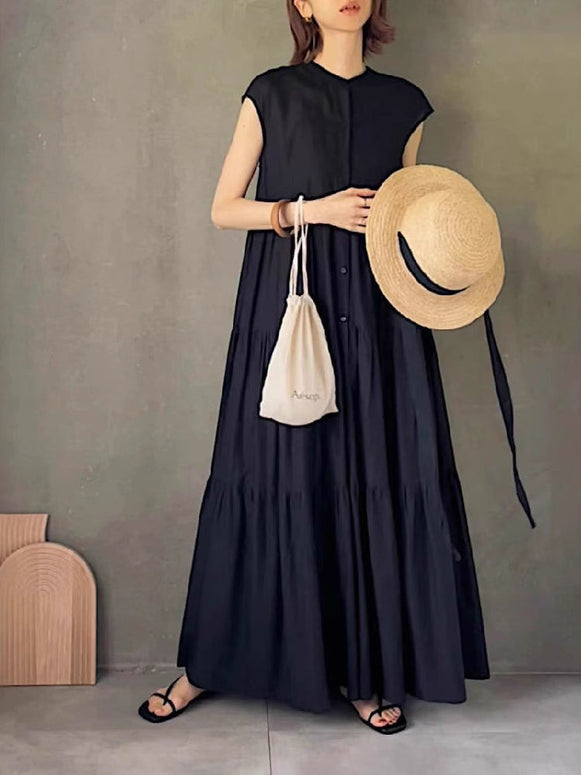 ID786 ノースリーブ シャツワンピース レディース スタンドカラー フレアシルエット 無地 ティアード デザイン 涼しげ ゆったり 体型カバー 夏