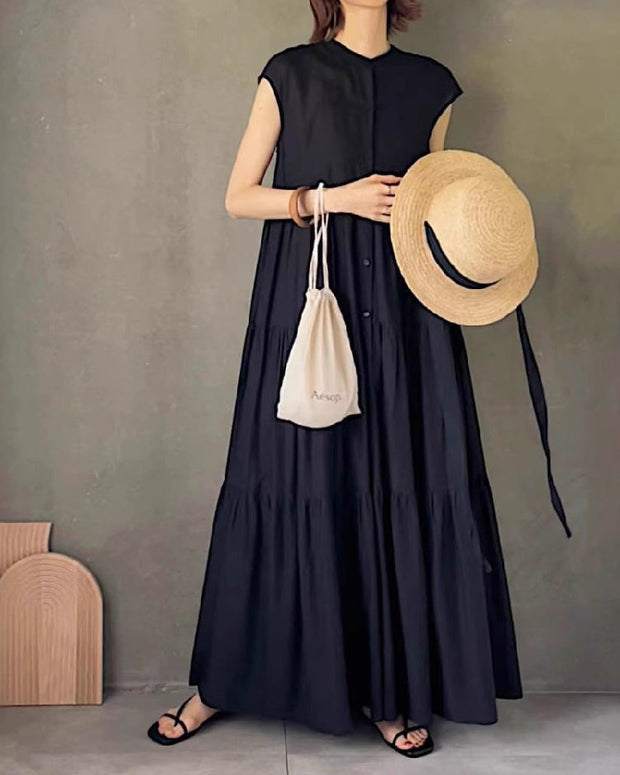 ID786 ノースリーブ シャツワンピース レディース スタンドカラー フレアシルエット 無地 ティアード デザイン 涼しげ ゆったり 体型カバー 夏