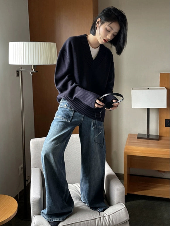 Vネック ニット セーター レディース ゆったり 無地 シンプル カジュアル 体型カバー 秋冬 トップス ID2279