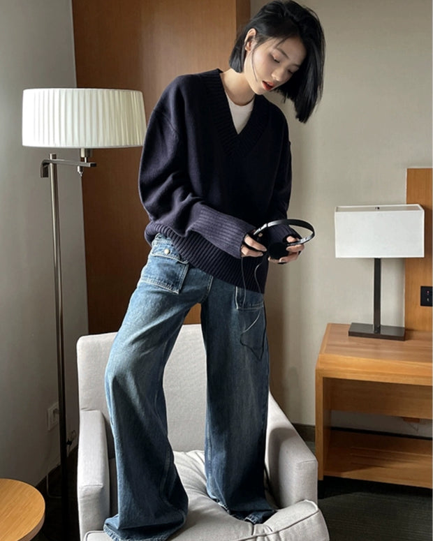 Vネック ニット セーター レディース ゆったり 無地 シンプル カジュアル 体型カバー 秋冬 トップス ID2279
