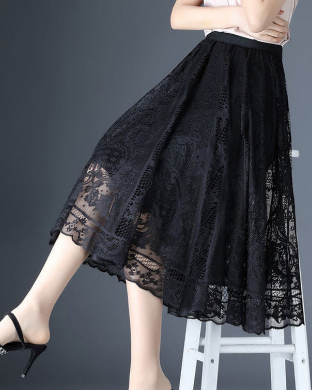 ID742 レースプリーツスカート レディース ミモレ丈 Aライン フレア ウエストゴム 透け感 フェミニン 夏コーデ
